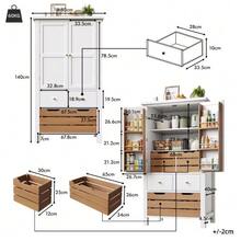 Kitchen Cabinet (80 X 40 X 140 Cm), Tall Sideboard, Multifunctional Sideboard, Storage Unit With Two Doors And Five Drawers, Black And White - 白色 - 查看 5