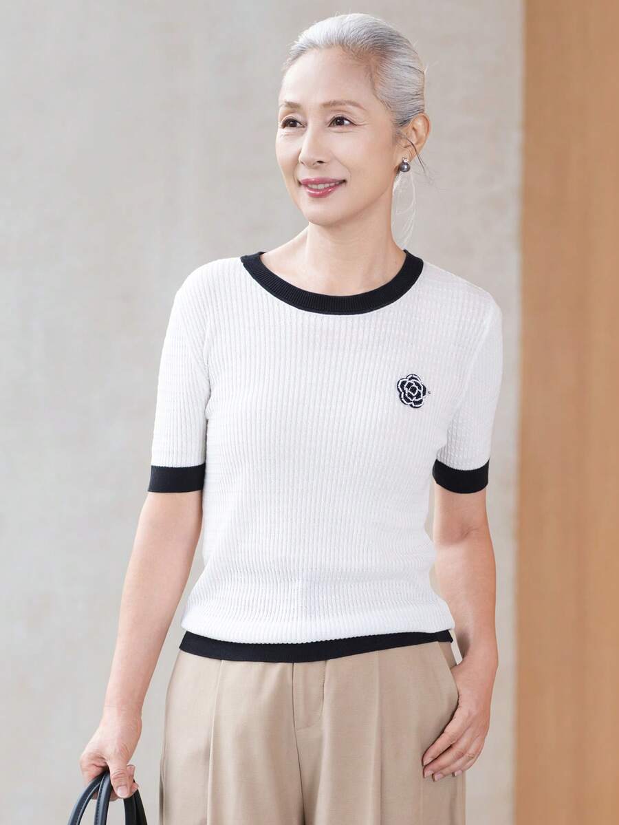 女款時尚對比飾邊針織T恤，修身羅紋短袖上衣，適合萬聖節、感恩節、聖誕節節日穿搭 - 白色 - 查看 1