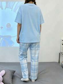 Conjunto de pantalones y blusa de manga corta con estampado de conejo de dibujos animados para niñas adolescentes - Azul - Ver 7