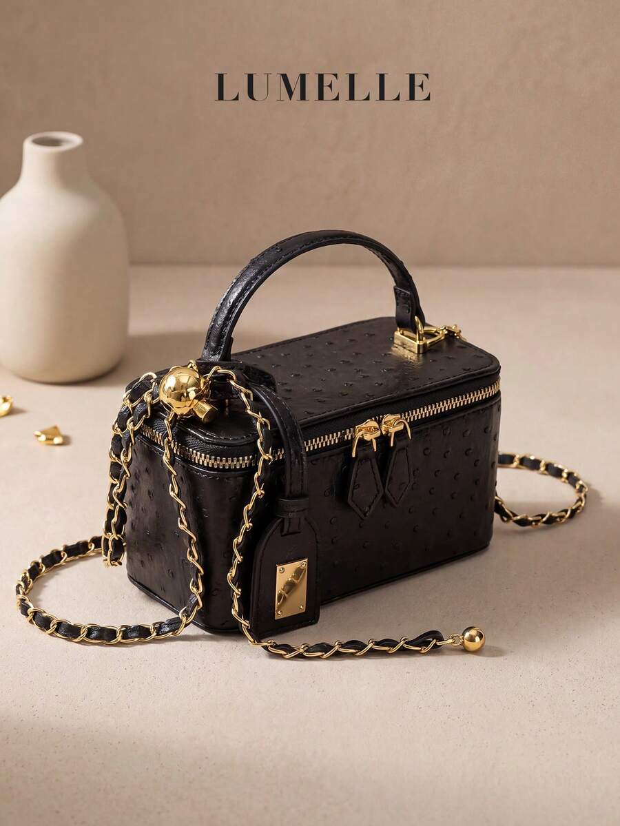 Tas Selempang Mini Persegi Hitam, Tas Tangan Fashion Wanita dengan Tali Rantai Bola Emas yang Dapat Diatur, Cocok untuk Perjalanan Sehari-hari - Hitam - View 1