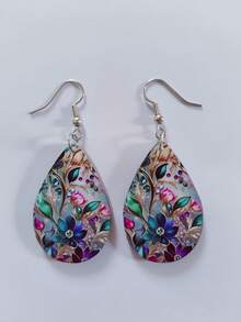 1 Pair Teardrop 2D Flat Floral Pattern Acrylic Earrings, Suitable For Evening Wear, Banquet Souvenir, Gift, Summer - Multicolor - View 8