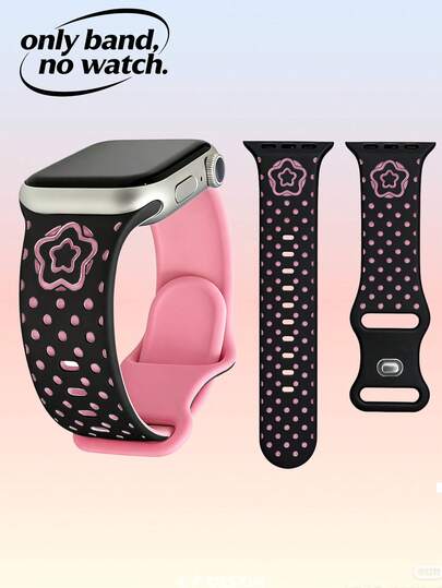 Black & Pink Dual-Color Hollow Flower Silicone Watch Band Compatible With Apple Watch 38/40/41/42/44/45/46/49mm, Sweet & Cool Contrast Color, Playful & Cute, Suitable For All Series, Soft & Comfortable Sports Silicone Replacement Wristband, Smart Watch Accessory For Summer
