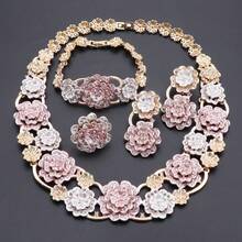 Luxury Two-Tone Floral Rhinestone Jewelry Set, Pink Flower Necklace Bracelet Earrings Ring Bridal Formal Outfit Matching Set - 4-piece Set - View 3