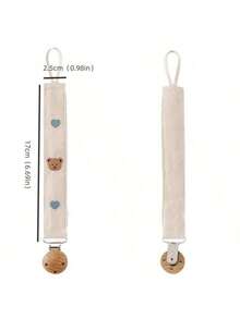 1pc Infant Pacifier Clip With Wooden Bead, Heart Bear Design, Cartoon Embroidery, Teether, Hanging Rope Anti-Drop Chain - White - View 4