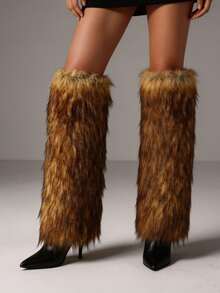 Furry Fluffy Knee High Boots For Women Faux Fur Winter Snow Boots Pointed Toe Stiletto High Heels Sexy Warm Shoes Christmas Party - 棕色 - 查看 6