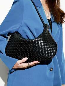 Dedoo European & American Style Woven Large Capacity Solid Color Dumpling Handbag - Black - View 4