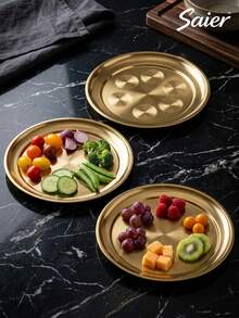 6pcs/3pcs/1pc Gold Round Patterned Stainless Steel Dinner Plate Set, 25cm/9.8in Size, Multi-Piece Combination, Luxury Holiday Banquet Atmosphere, Suitable For Daily Restaurant Kitchen Food Display, Restaurant Gathering, Outdoor Dining, Party, Kitchen Utensils, Easy Storage, Ramadan, Wedding, National Day, White Day - Multicolor - View 2