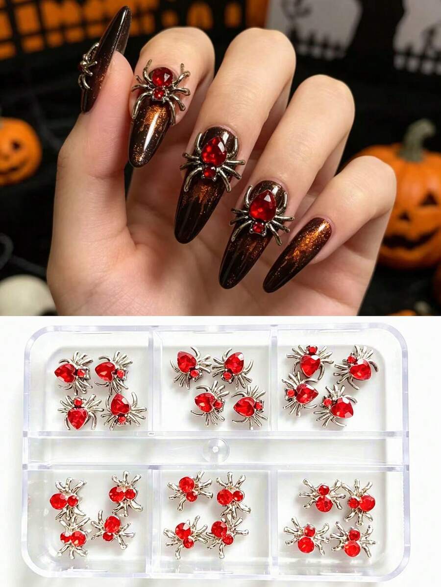 6 Grid Halloween Manicure 3D Red Rhinestone Spider Nail Charms, Mini Silver Metal Spider Nail Studs, Gothic Blood Red Crystal Nail Art Decorations For Acrylic Nails DIY Manicure Accessories Small Size Nail Gemstone - Multicolor - View 1