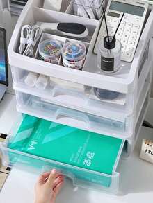 1Pieza Caja de almacenamiento de escritorio tipo cajón, organizador de escritorio de oficina, estante de almacenamiento de papelería y cosméticos, casillero - Blanco - Ver 3