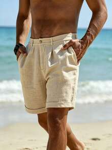 Men's Linen Shorts, Men's Summer Linen Pants | American Sporty Casual Shorts | Comfortable Fabric Material | Straight Cut Relaxed Fit | Elastic Drawstring Waist Design Suitable For Multiple Body Types | Suitable For Spring/Summer Commuting, Vacation, Travel, Daily Wear | Refreshing And Non-Stuffy - Khaki - View 3