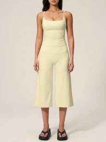 TimeOff Women's One Set Solid Color Adjustable Strap Camisole Tank Top & Wide Leg Mid-Length Pants Sports Set - Yellow - View 5