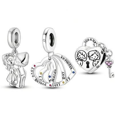 Vectoflux 1pc S925 Sterling Silver Couple Heart-Shaped Pendant Heart Lock Charm, Suitable For Original Bracelet, Necklace, Keychain DIY Pendant Making, Women's Gift, Suitable For Birthday, Party, Holiday Gift