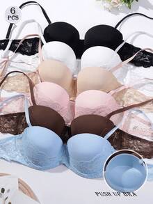 6pcs/Set Women's Lace Push-Up Bra, Underwire Bra - Multicolor - View 1