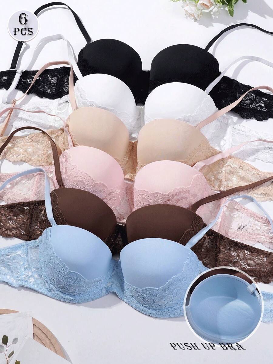6pcs/Set Women's Lace Push-Up Bra, Underwire Bra - Multicolor - View 1