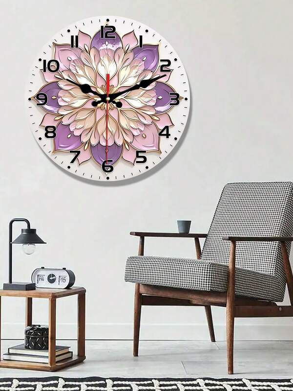 2D Flat Flower Design Backdrop Clock - 10/12inch Wood Veneer Europe And America Style Round Silent Flat Wall Clock - Batteries Not Included, 2D Flat
