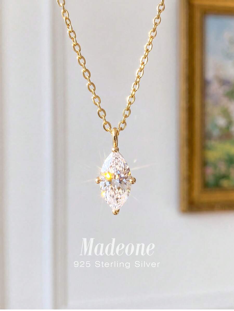 MADEONE 1pc Marquise-Shaped Necklace With Gold Plating And White Zirconia, Exquisite Jewelry, Women's Bridal Engagement Wedding Anniversary Birthday Gift - Gold - View 1