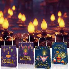 6/12pcs Happy Diwali Theme Festival Party Gift Bags, Kraft Paper Tote Bags For Diwali Celebration - Multicolor - View 4