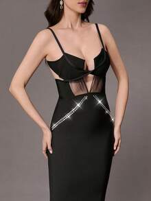 Women's Luxury Evening Dress, Rhinestone Embellished Bandage Dress, Sexy Spaghetti Strap Bustier, Mesh Patchwork, Fitted Silhouette Black Wedding - Black - View 11