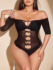 Bikini Terusan Seksi Berbahan Rajut Elastis Tinggi Lengan Pendek dengan Hiasan Pita dan Rhinestone Transparan, Model Jumpsuit Jala Ketat - Hitam - View 3