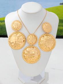 Exaggerated Court Style Earrings & Necklace Set, Metal Fashion Lightweight Luxury Niche High-End Geometric Pleated Large & Small Round Versatile Minimalist Personalized Jewelry Set - Purple - View 9