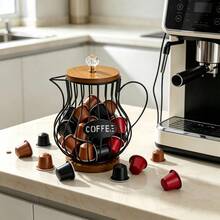 1pc Vintage Iron Coffee Capsule Storage Pot With Solid Wood Lid, Luxury Capsule Holder, Desktop Coffee Storage Decor - Multicolor - View 2