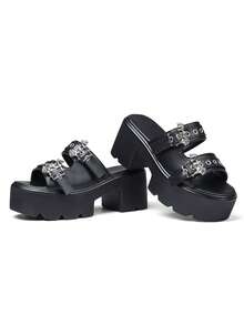 Womens Platform Sandals Round Open Toe Chunky Heel Goth Slipper Metallic Buckles Slip On Home Beach Outdoor Casual Walking Summer Sandals For Women - 黑色 - 查看 8