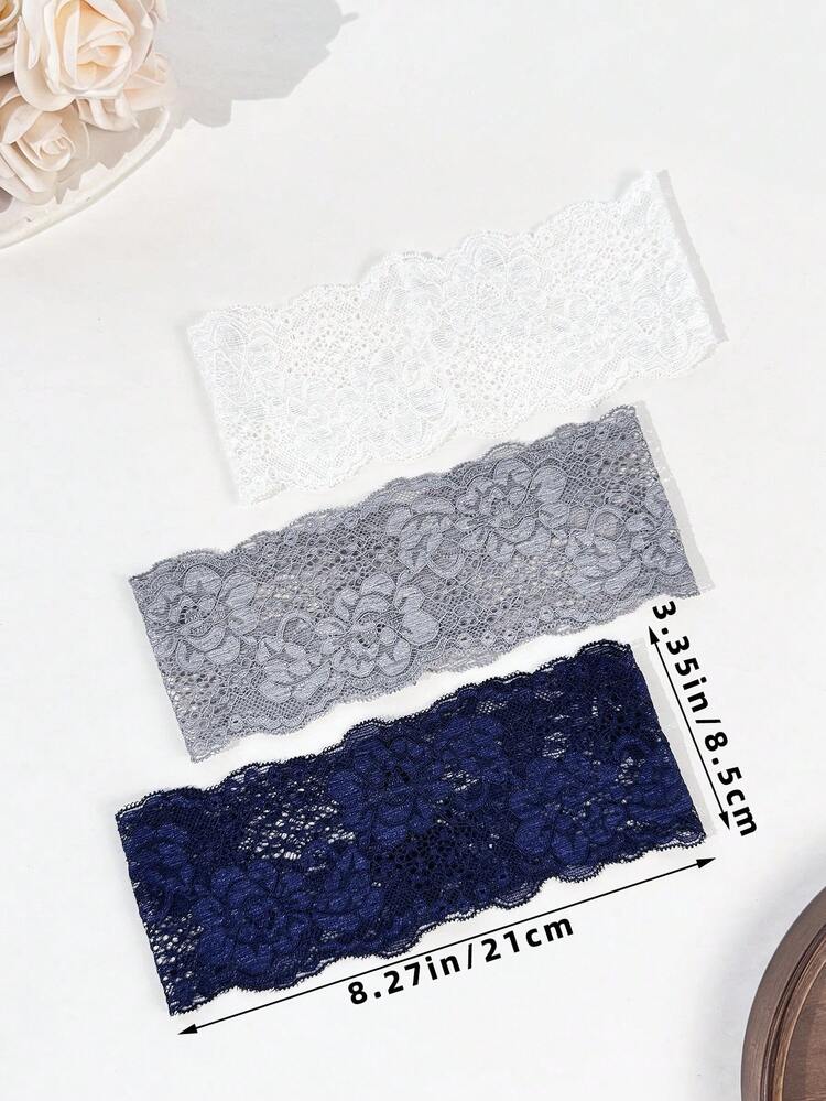 3pcs Women's Solid Color Embroidered Lace Elegant Fashion Breathable Comfortable Lightweight Decorative Headbands, Suitable For Daily Commute, Outfit Matching, Shopping, Travel, Photography, Exquisite Gift For Best Friend - Dark Blue, White and Gray Three-piece Set - View 4