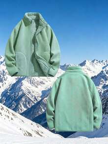 Women's Grey Green Stand Collar Zip-Up Fleece Jacket, Plush Lining, Curved Side Pockets, Minimalist Casual Daily Outdoor Sports Autumn Coat - Green - View 2