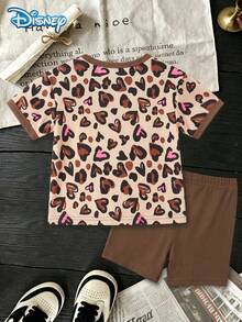 Conjunto de camiseta de manga corta y pantalones cortos para niña Disney Baby de verano con estampado de leopardo y corazón de Minnie, conjunto lindo, pantalones cortos de cintura elástica de color marrón café sólido para vacaciones casuales, ropa para exteriores - Café integral - Ver 3