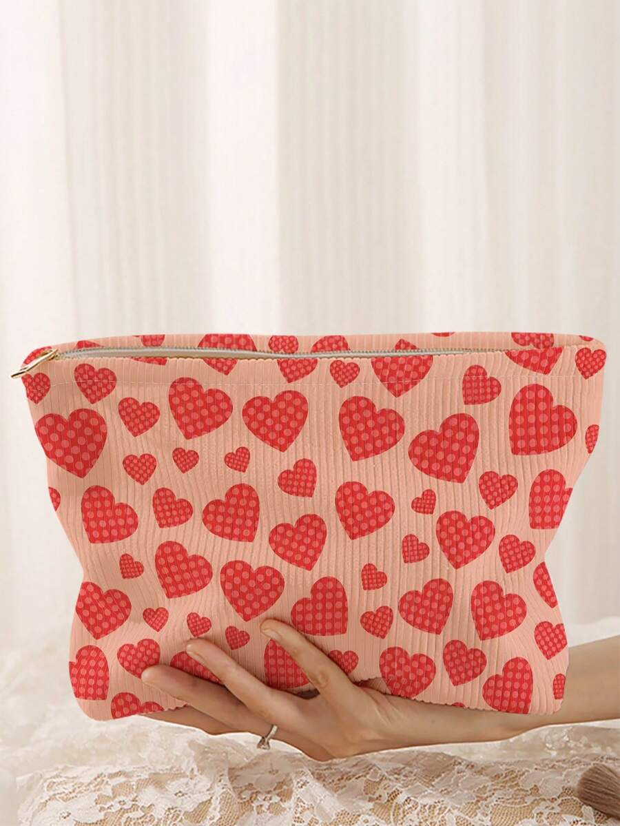 1pc Portable Cosmetic Storage Bag Heart Pattern Double-Sided Print Travel Zipper Makeup Bag Multi-Function Toiletries Organizer - Multicolor - View 1