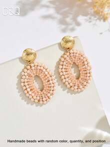 OOQ 1 Pair Bohemian Style Geometric Oval Beaded Seed Bead Earrings, Colorful Niche Design, Versatile Jewelry For Daily Wear, Party, Prom, Engagement, Wedding, Bridesmaid, Mother's Day, Valentine's Day And Any Holiday Gift - Rice Pink - View 2