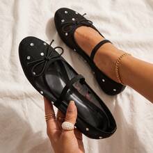 Womens Mesh Mary Jane Ballet Flats Sheer Rhinestone Bow Round Toe Slip On Flat Ballerina Party Wedding Sandals For Women - 黑色 - 查看 1