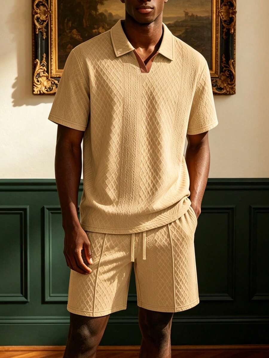 2pcs/Set Men's Textured Jacquard Fabric Polo Shirt With Collar + Shorts Set, Casual For Daily, Commuting, Vacation - Khaki - View 1