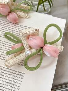 1 pieza Nuevo clip de cabello con forma de tulipán para primavera/verano, elegante clip de cabello de malla de jacquard blanco, lujoso clip de cabello con flor de encaje de perlas, accesorio de cabello superior etéreo y dulce, versátil para uso diario, viajes, citas - Multicolor - Ver 5