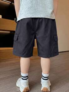 1件裝 男童帥氣時尚百搭學院風大口袋直筒工裝短褲 春夏秋 開學季 - 深灰色 - 查看 2
