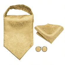 Solid All Gold Subtle Paisley Ascot Cravat Three Piece Matching Set,Mens Wedding Groom Gentleman Formal Accessory Bundle - Yellow - View 3