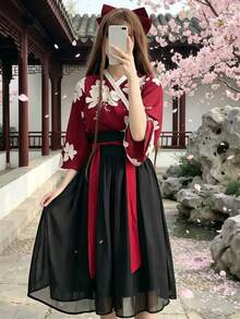 1PC Oriental Element Modified Girl Floral Yao Daily Ancient Style Outfit Set, Suitable For Festival Party Performance Wear, COSPLAY Role Play Costume Accessories, Includes Top + Skirt - Red and Black - View 5