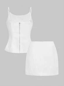 QUNGIGU Women Two Pieces Set Spaghetti Strap Top High Waisted Skirt Casual Summer Outfits For Going Out Dating - White - View 8