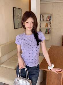 女款韓式圓領修身休閒短袖波點T恤，夏季 - 紫色 - 查看 5