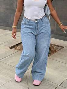 Plus Size Casual Fashionable Washed Loose Wide-Leg Jeans - Light Wash - View 5