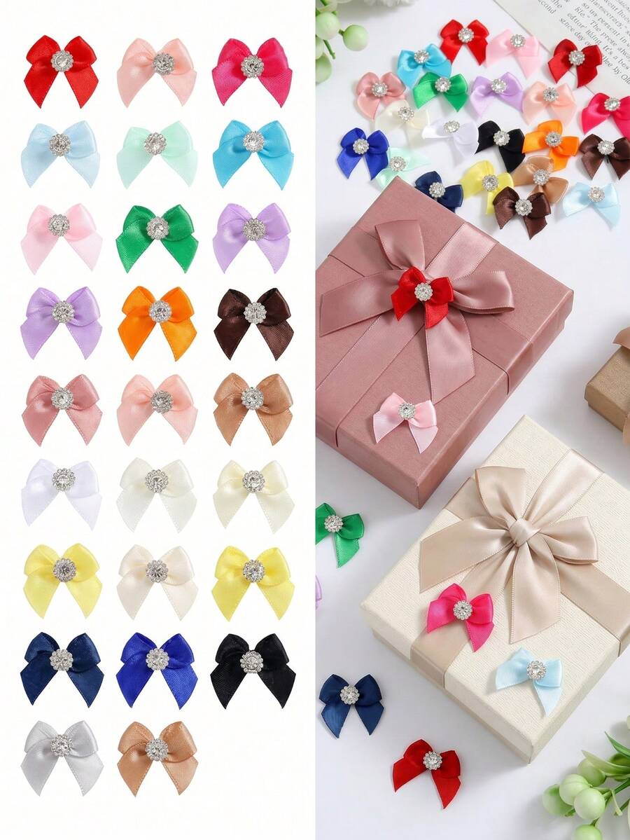 50pcs 2.5cm Mini Satin Ribbon Bows With Rhinestones, Multicolor Small Decorative Bows For DIY Hair Accessories, Doll Dressing, Gift Wrapping - View 1