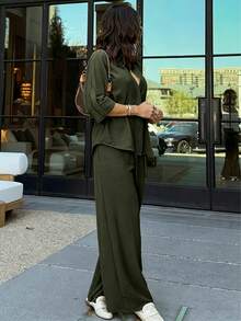 Women's Solid Color Long Sleeve Lapel Drawstring Design Casual Loose Top + Elastic Waist Wide Leg Pants, Women's Autumn Clothing, Back To School Season - Army Green - View 3