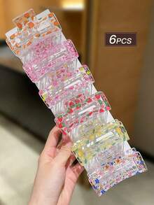 6pcs Women's Colorful Square Hair Clips With Fruit, Flower, Butterfly Print Elements. Sweet And Cute Style, Large Claw Clips, Summer Vacation Accessories, Women's Hair Accessories. Suitable For Daily Casual Outings. Summer Accessory Set, Hair Accessories, Women's Accessories, Back To School Hair Accessories, Beach Accessories. Elegant Claw Clips. - View 6