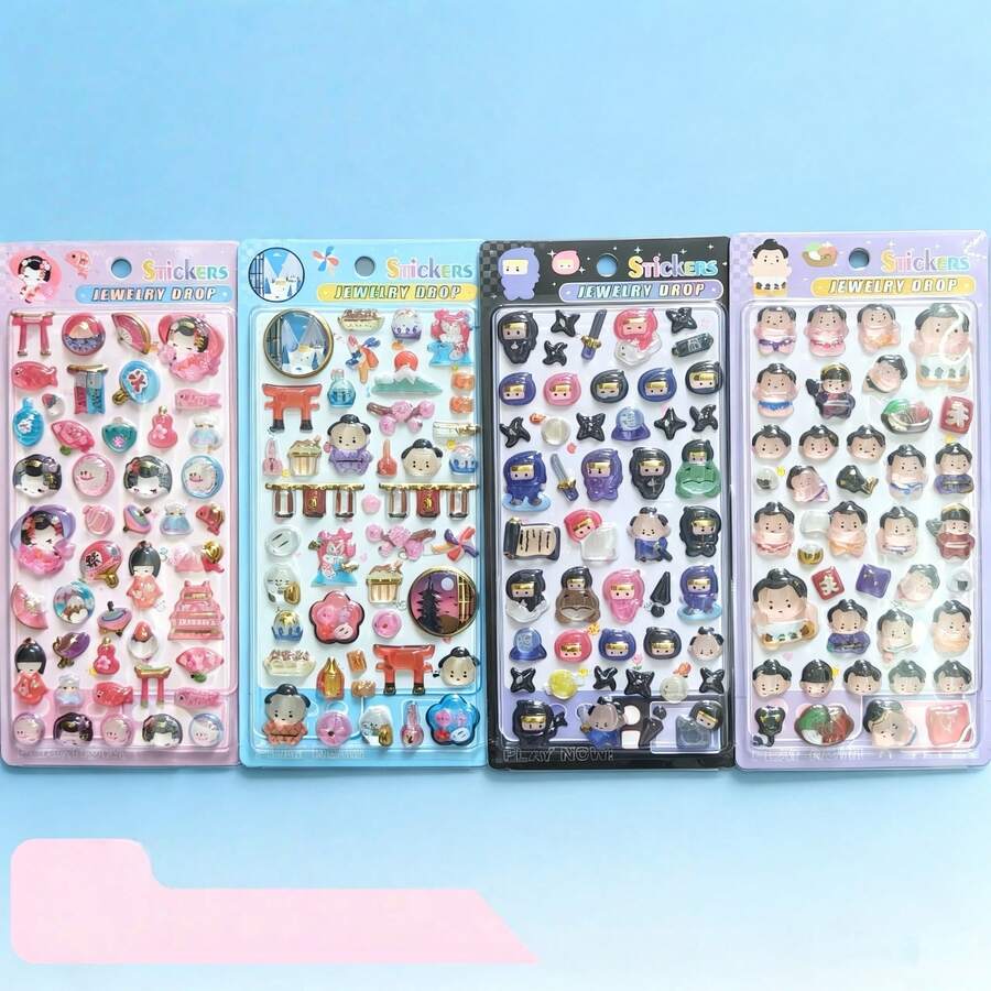 Q-Lia 12pcs Japanese Style Q-Version Sumo 3D Epoxy Stickers, Cute Cartoon Planner Phone Case Embossed Decorative Reward Stickers - Multicolor - View 1