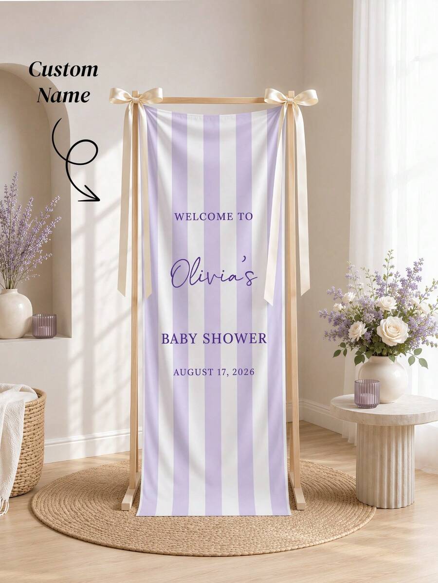 Personalized Baby Baptism Fabric Banner, Striped Welcome Sign, Custom Party Backdrop - Multicolor - View 1