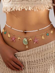 1pc Fashionable Elegant Vacation Style Starfish Shell Tassel Waist Chain Suitable For Women Beach Holiday Wear - Multicolor - View 12