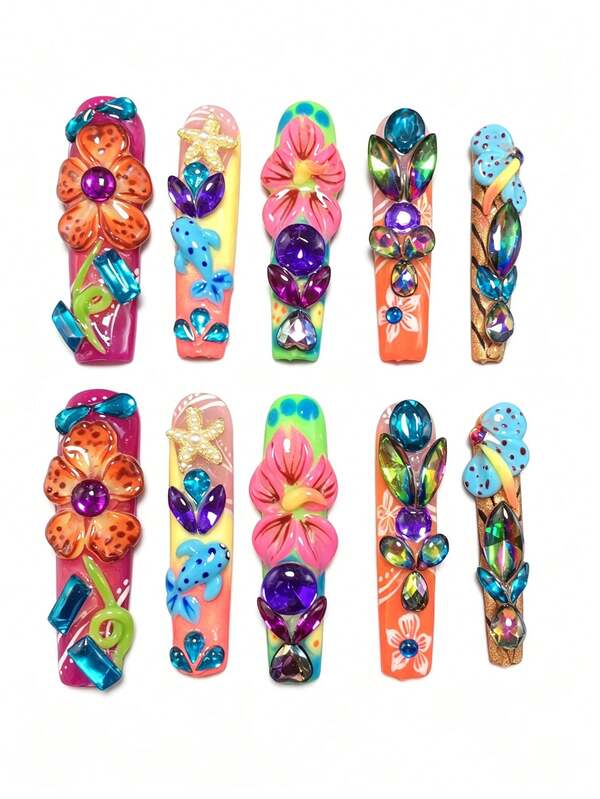 10-Piece 5.5cm Square Handmade Pressed Nail Stickers With Three-Dimensional Pink Leopard Print Carving. Features Sea Star, Blue Whale, Purple-Blue Colored Diamonds, And Heart-Shaped Diamonds. Design For Nail Art Supplies. Includes Free Nail Art Tools