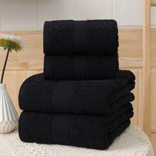 QIBHI Conjunto de 6 Toalhas Macias 100% Algodão, Inclui 2 Toalhas de Banho 82x150 cm, 2 Toalhas de Rosto 34x75 cm e 2 Toalhas de Mão 50x90 cm, Tecido de Toalha Absorvente com Riscas para Banho e Beleza - Preto - Ver 3