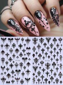 4 Blätter 3D Gothic Stil Nagelaufkleber, Schwarz & Rot Vintage Dunkle Nagelaufkleber, mit Barockmustern, Fledermäusen, Turmschlössern, Kreuzen und Spitzenblumenmustern, Dunkle Hexen Punk Stil selbstklebende Nagelaufkleber, Nagelkunst Dekoration DIY Nagelbedarf - Schwarz - Übersicht 3