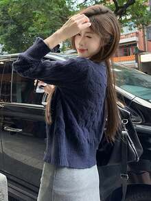 Autumn/Winter Bear Embroidery Cable Knit Cardigan, Preppy Style Sweater For Outerwear - Navy Blue - View 7